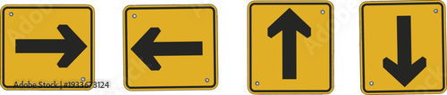 Four yellow directional arrow signs pointing right left up and down on a white background directional signs