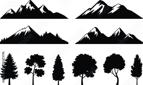 Mountain Peak Silhouette Set with Pine Trees for Nature Landscape, Outdoor Adventure, and Wild Forest Travel Design