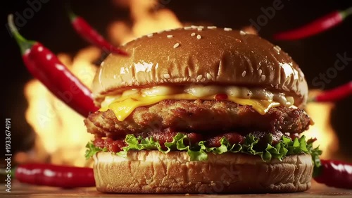 Wallpaper Mural Spicy Chicken Burger with Fire Background. Torontodigital.ca