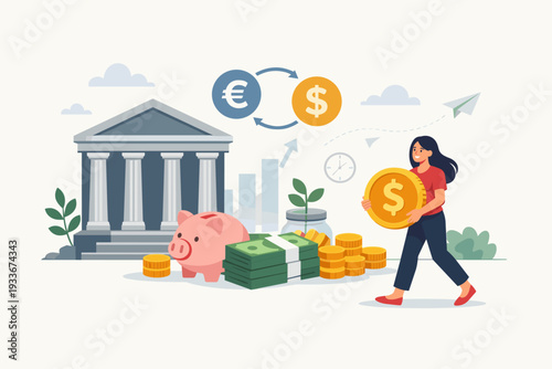 Banking and Finance Concept Illustration with a Woman Carrying a Large Dollar Coin, Piggy Bank, Stacks of Cash, and a Bank Building. Investment, Currency Exchange, and Money Management Services.