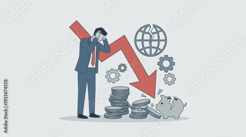 Stressed businessman facing global financial crisis with falling red arrow, broken piggy bank, cracked globe, and money loss, representing economic recession, bankruptcy, and market crash.