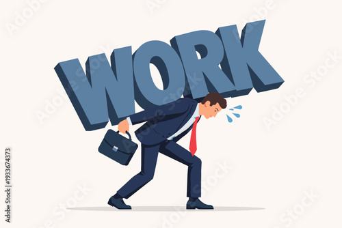 Businessman Carrying Heavy 3D WORK Sign on His Back, Concept of Burnout, Stress, and Heavy Workload in Corporate Career, Exhausted Employee Struggling with Job Pressure and Responsibility