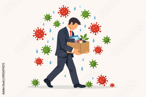 Sad Businessman Carrying Box of Personal Belongings After Being Fired During COVID-19 Pandemic. Job Loss and Unemployment Crisis Concept with Virus Pathogens and Raindrops Vector Illustration.