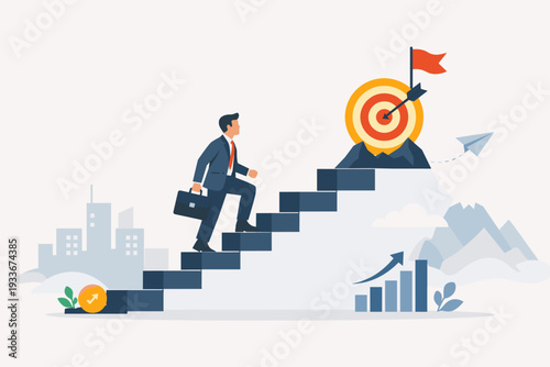 Businessman in suit climbing stairs to reach a target goal on a mountain peak. Concept of career growth, success, achievement, business strategy, and progress. Flat vector illustration.