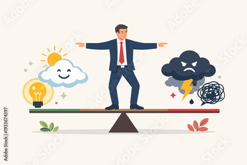 Businessman balancing on a seesaw between positive thinking with sun and lightbulb and negative emotions with storm clouds. Concept of emotional intelligence, mental health, and stress management.