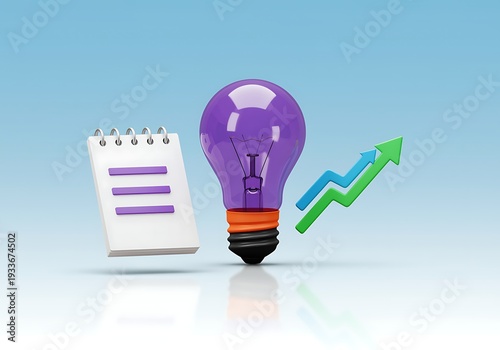 Purple light bulb with notepad and arrows on blue background  business idea and growth concept