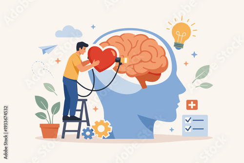 Mental Health and Emotional Intelligence Concept with Man Connecting Heart to Brain for Psychological Well-being, Brain Development, Therapy, Mindset Growth, and Healthcare Treatment Illustration