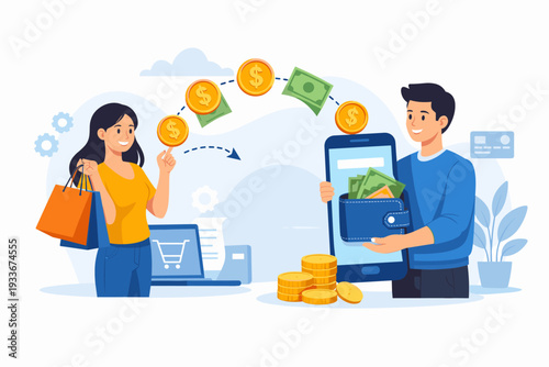 Online Cashback Concept with Man Receiving Money in Digital Wallet from Woman Shopper, Mobile Payment and E-wallet Transaction Illustration, Financial Rewards, Savings, and E-commerce Concept