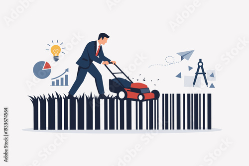 Businessman using a lawnmower to cut a barcode representing rebranding and business transformation. Conceptual vector illustration of changing brand identity, innovation, and corporate strategy.