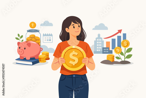 Young woman holding a large dollar coin, choosing between saving money in a piggy bank and investing in the stock market for financial growth, wealth management, and future economic security.