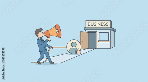Businessman using a megaphone to pull a customer like icon with a rope into a business building, representing social media marketing, lead generation, and digital customer acquisition strategies.
