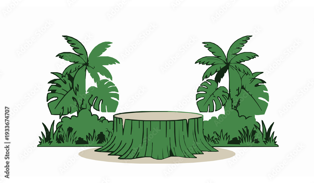 Obraz premium Natural Tree Stump Stage with Tropical Green Plant Backdrop Vector Display Podium on White