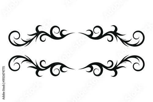 Symmetrical black decorative flourishes on white background two rows