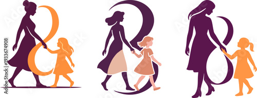 Women's Day Vector Illustration Set Featuring Mother and Daughter Silhouettes