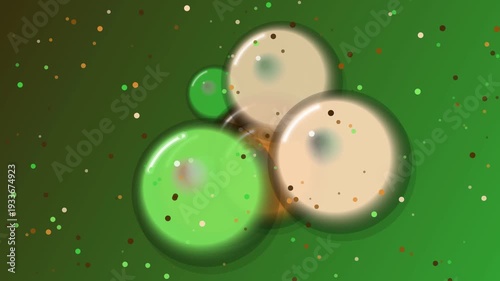 Abstract Green Bubbles with Glitter Particles Floating in Liquid.