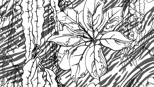 Wallpaper Mural Black and white tropical seamless pattern under gentle watercolor blobs and stains. Contrast exotic graphics print. Modern summer flower, leaf on abstract brush. Organic, tropic vector background. Torontodigital.ca
