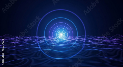 Abstract glowing tunnel with concentric circles and digital waves.