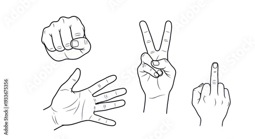 Rock Paper Scissors Hand Gestures: Fist, Open Palm, Victory Sign, Middle Finger