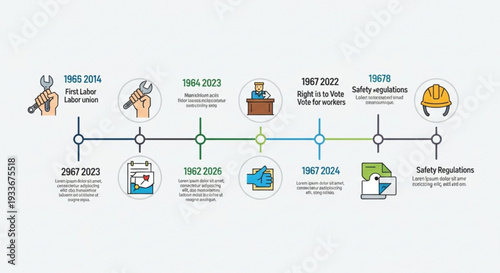 Safety regulations and labor rights timeline infographic with icons and milestones