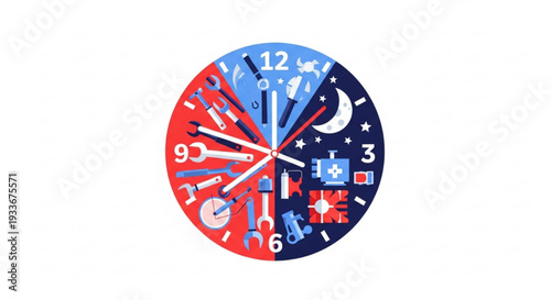 Colorful clock face with day and night icons illustrating daily activities and time concepts