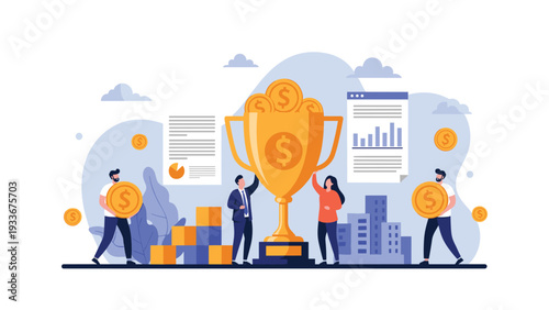 Successful business professionals celebrating their financial achievements around a giant golden trophy overflowing with dollar coins.