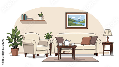Warm and inviting living room interior design featuring a comfortable sofa, armchair, coffee table, and various decorative elements.
