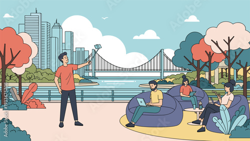 Diverse group of people enjoying leisure time and working remotely in a public park with a scenic city bridge and skyline view.