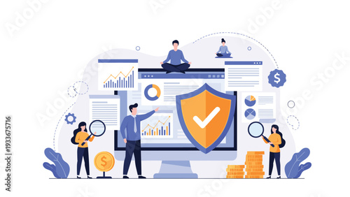 Information security team monitoring data analytics and cyber protection using a large computer display with a protective shield icon.