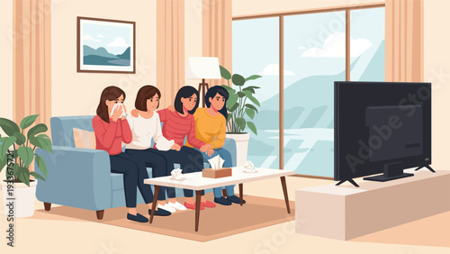 Group of female friends sitting together on a sofa and feeling emotional while watching a touching or sad movie on a large television.