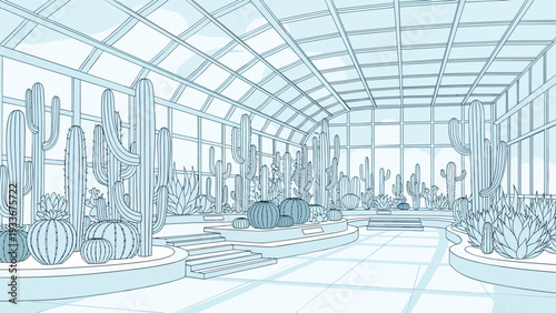 Detailed architectural illustration of a spacious greenhouse conservatory filled with an extensive collection of desert cacti and plants.