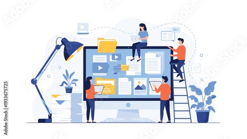 Creative team working together to organize digital files, videos, and documents on a large computer monitor in a workspace.