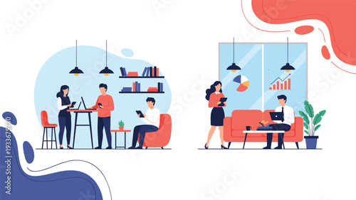 Modern workspace layouts showcasing collaborative office environments with people working at standing desks and on a comfortable sofa.