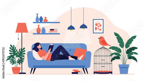 Young woman enjoying a peaceful moment reading a book while lying comfortably on a sofa in a stylish and well-decorated room.
