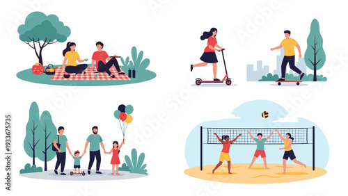 Set of outdoor recreation illustrations depicting people enjoying a picnic, skateboarding, scooting, family walks, and beach volleyball.