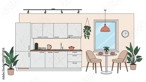 Sleek and modern kitchen design with minimalist white cabinets, a small dining table, chairs, and various decorative houseplants.