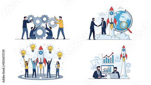 Collection of business concept icons featuring teamwork with gears, global partnerships, creative ideas, and data-driven company growth.
