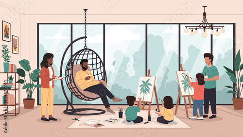 Diverse family engaging in creative art activities by painting and drawing on canvases in a spacious and light-filled home studio.