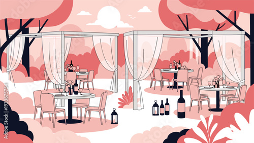 Elegant outdoor dining setting featuring private gazebos and beautifully set tables in a serene and colorful park or garden environment.