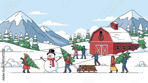 Festive winter landscape showing people at a red barn farm picking out and carrying Christmas trees amidst snow-covered mountains and trees.