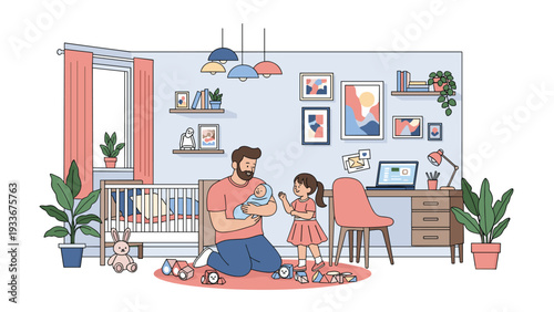 Loving father taking care of his newborn baby while his young daughter plays nearby in a colorful and well-equipped children nursery.
