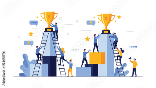 Concept illustration of ambitious people climbing ladders and structures to reach massive golden trophies representing success and achievement.