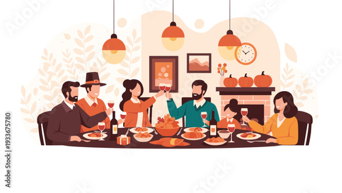 Happy multi-generational family gathering together to enjoy a traditional Thanksgiving dinner in a warm and festive home atmosphere.
