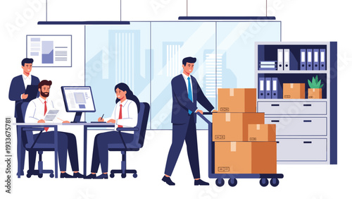 Professional office environment with staff working at desks while a delivery person or employee moves boxes on a storage trolley.