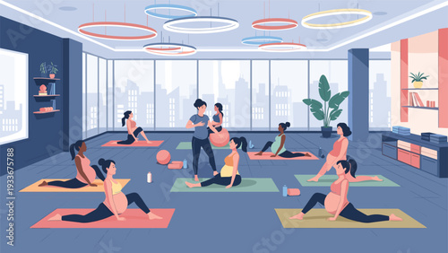 Group of pregnant women engaging in a specialized prenatal yoga class led by an instructor in a bright and modern fitness studio.