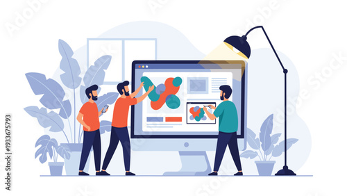 Team of digital artists collaborating on a creative project using a giant computer monitor to design colorful abstract graphics.