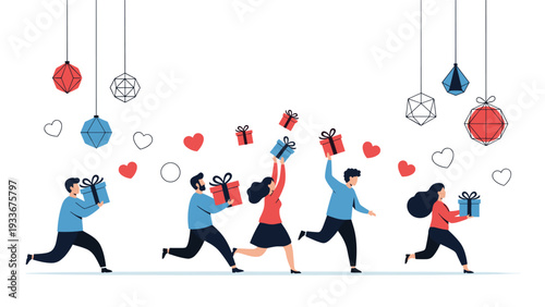 Excited group of people running and carrying colorful gift boxes under festive hanging decorations and floating heart icons.