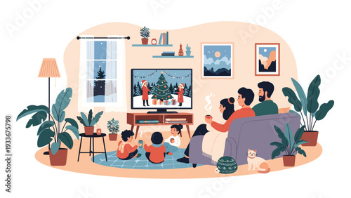 Happy family gathering together in a cozy living room decorated for the holidays to watch a festive Christmas movie on television.