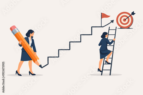 Business Development Strategy Concept with Businesswoman Drawing Stairs with Giant Pencil to Reach Target and Another Climbing Ladder for Career Growth, Achievement, and Success Path.