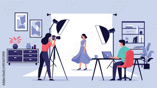 Professional photographer and assistant working with a model in a well-equipped photo studio with backdrops, lights, and cameras.