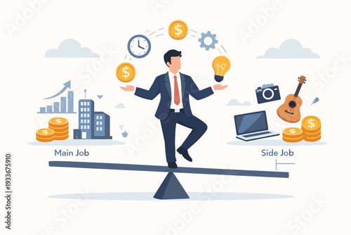Businessman Balancing and Juggling Main Job and Side Job Concept Illustration. Man in Suit on Seesaw Managing Career, Side Hustle, Time, and Money with Icons of Office, Laptop, Guitar, and Hobby